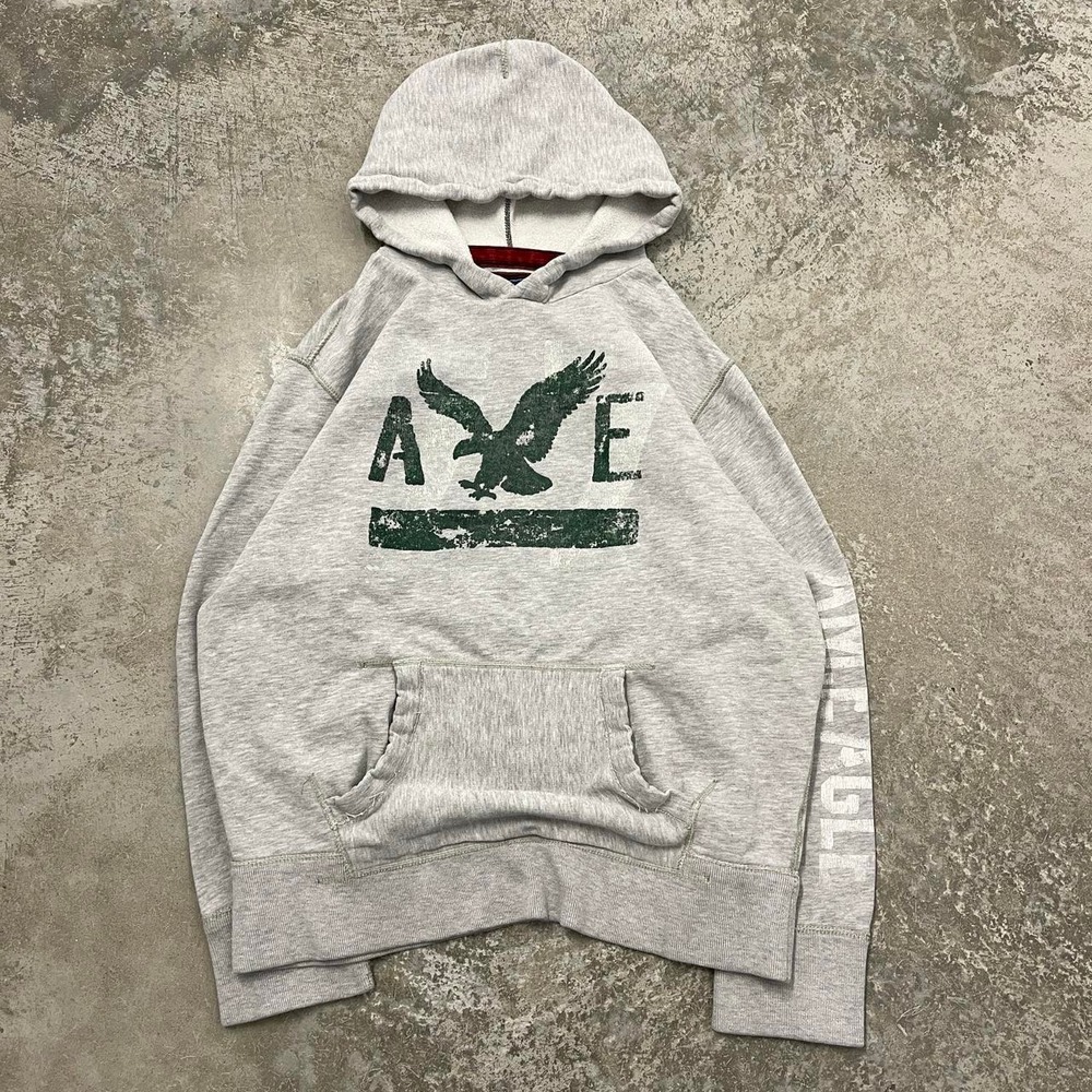 Vintage American Eagle Y2K Grunge Eagle Fleece Heavyweight Hoodie Grey XL